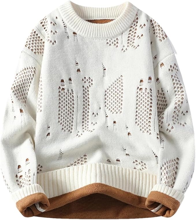 Soft Winter Knit Sweater – Cream & Brown Warm Fleece-Lined Pullover