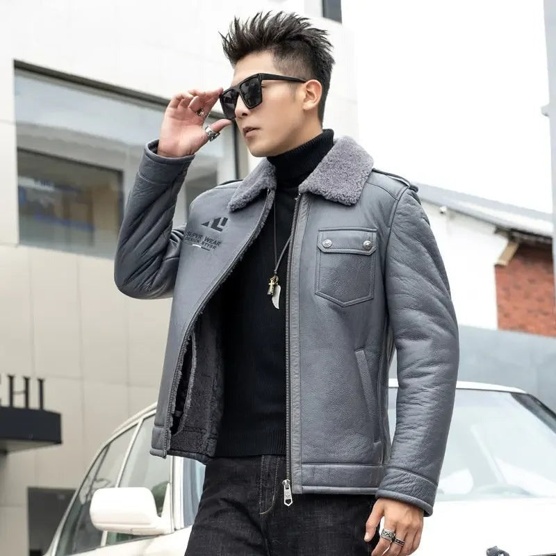 Street Luxe Shearling-Collar Jacket – Steel Grey