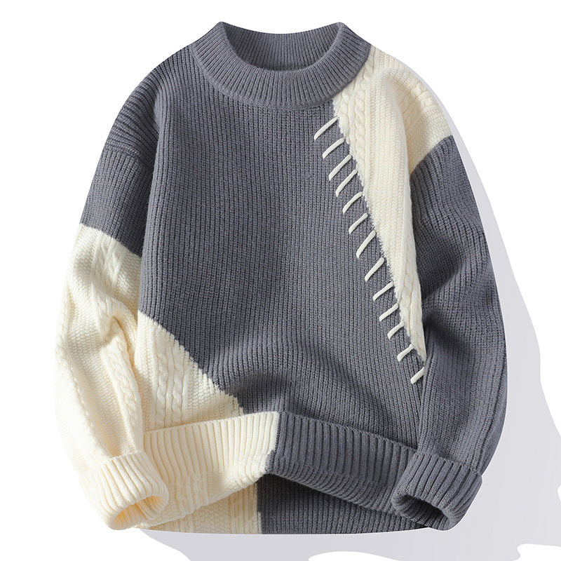 Patchwork Cable Knit Sweater – Grey & Cream Winter Pullover | Soft Unisex Knitwear