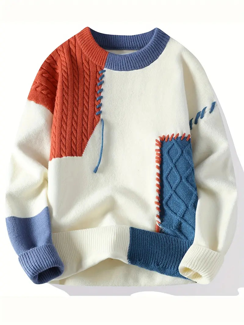 Patchwork Knit Sweater – Multicolor Crewneck | Soft Winter Knitwear for Men & Women