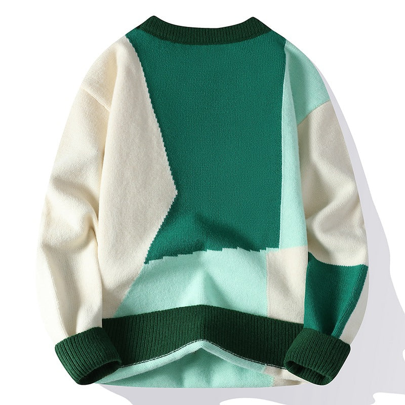 Patchwork Knit Sweater – Green & Cream Winter Pullover | Soft Unisex Knitwear