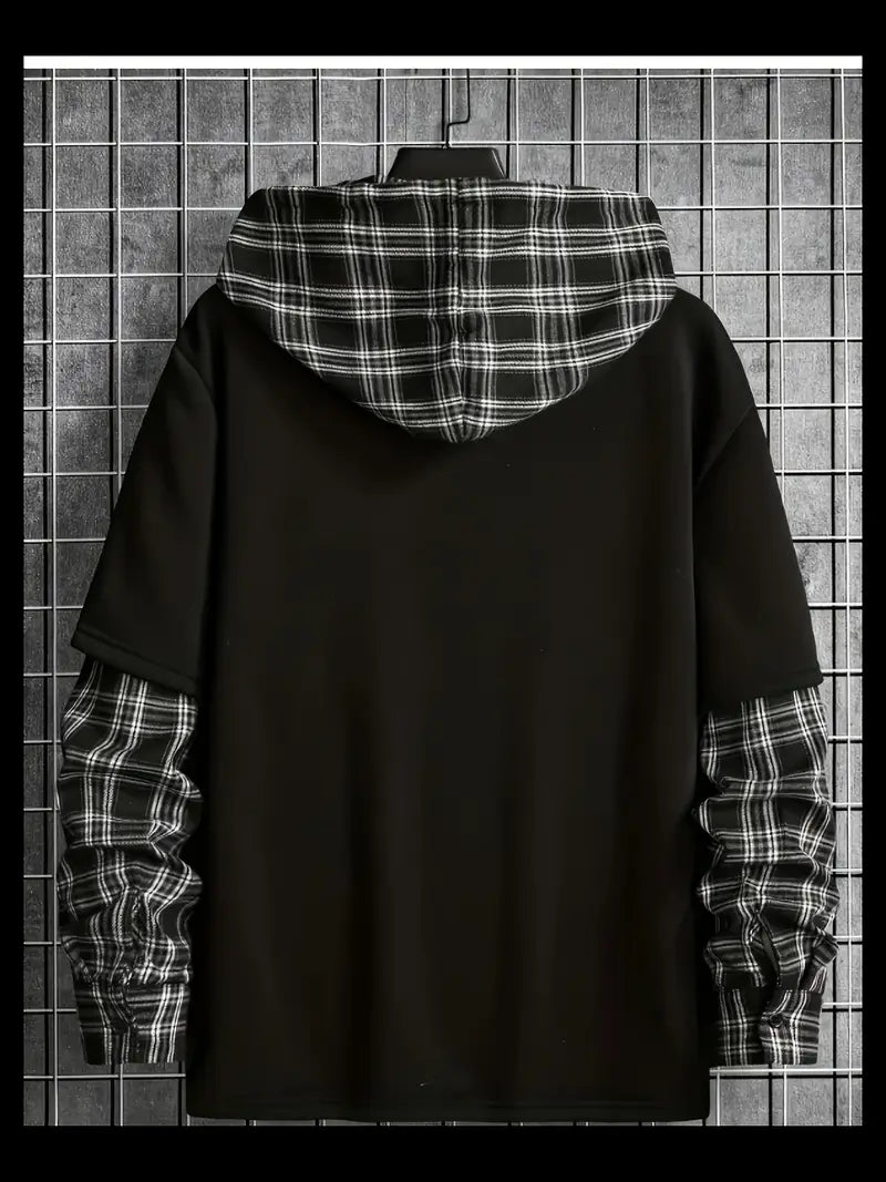 Black Plaid-Layered Hoodie / Fashion Patchwork Hoodie